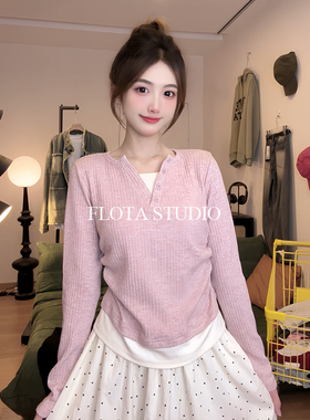 【flota】气质半开v领假两件拼色长袖T恤女针织修身显瘦上衣2204