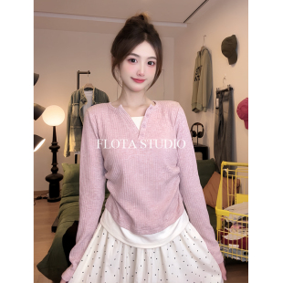 T恤女针织修身 气质半开v领假两件拼色长袖 显瘦上衣2204 flota