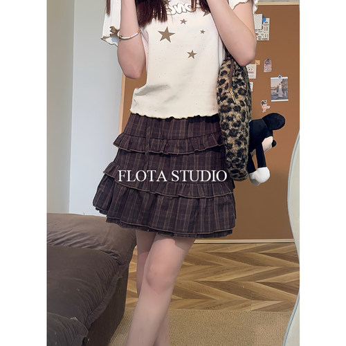 【flota】格雷系撞色格纹叠层蛋糕裙a字纯棉高腰复古百搭半身裙
