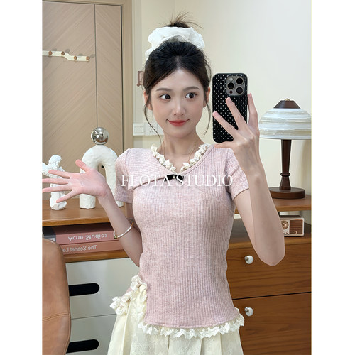【flota】纯欲开叉针织T恤女蕾丝拼接正肩显瘦小众小香风上衣