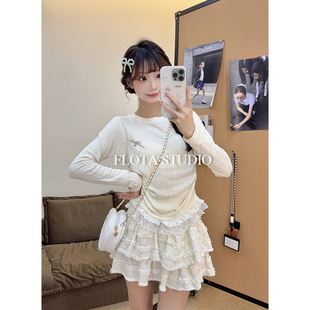 蝴蝶结显瘦掐腰上衣 ins气质蕾丝花边拼接针织长袖 flota