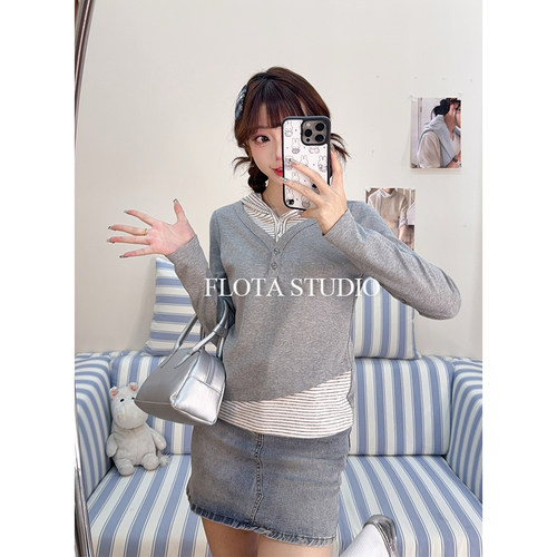 【flota】休闲风细横条纹连帽长袖T恤女假两件拼接通勤百搭上衣