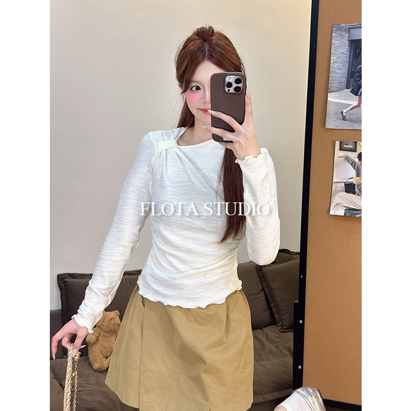【flota】法式温柔风不规则褶皱木耳边长袖打底衫修身上衣