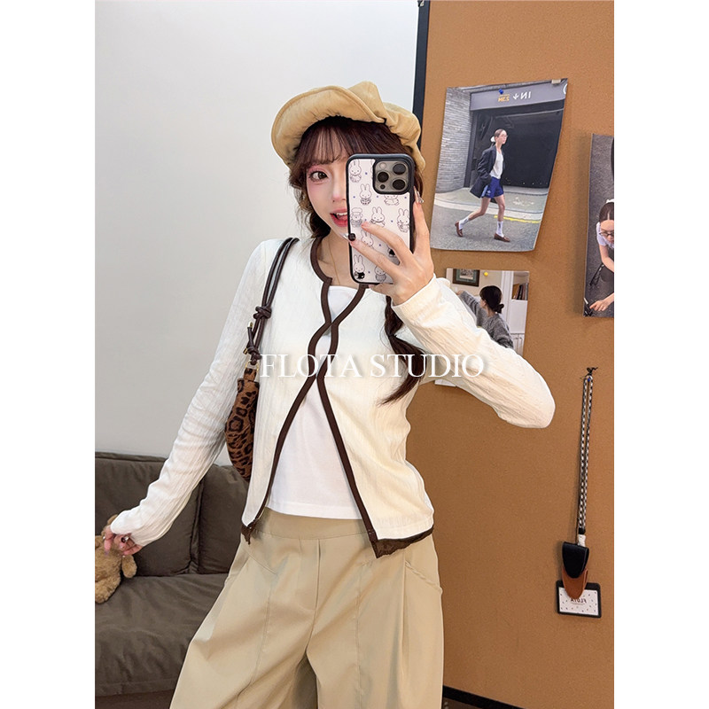 【flota】复古温柔风蕾丝提花假两件内搭长袖针织修身百搭上衣294