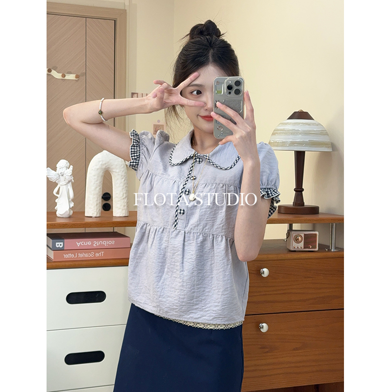 【flota】miu系小众香芋紫短袖衬衣polo翻领格纹拼接学院风上衣