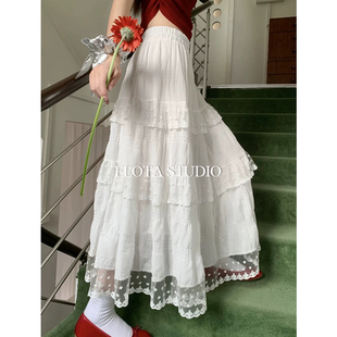 甜美风蕾丝花边拼接蛋糕裙a字高腰大裙摆半身百搭长裙 flota