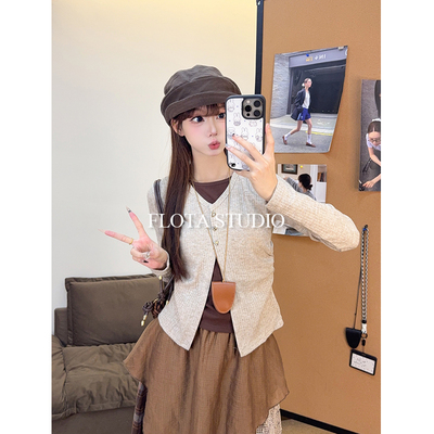 【flota】爱心纽扣开叉假两件长袖针织女百搭显瘦别致外穿上衣