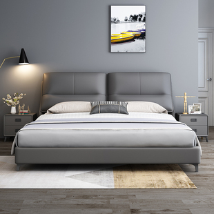 CBD真皮床现代简约大小户型双人床意式极简头层牛皮床1.8米主卧婚