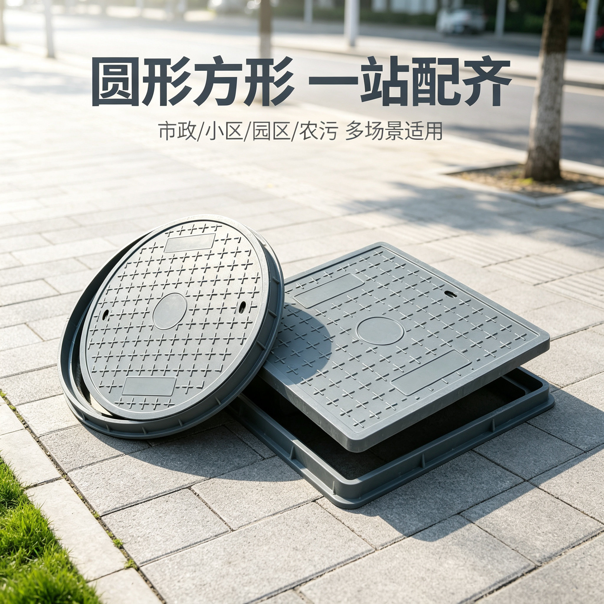 复合树脂井盖圆形方形雨水污水强弱电力塑料窨井盖市政人行道绿化