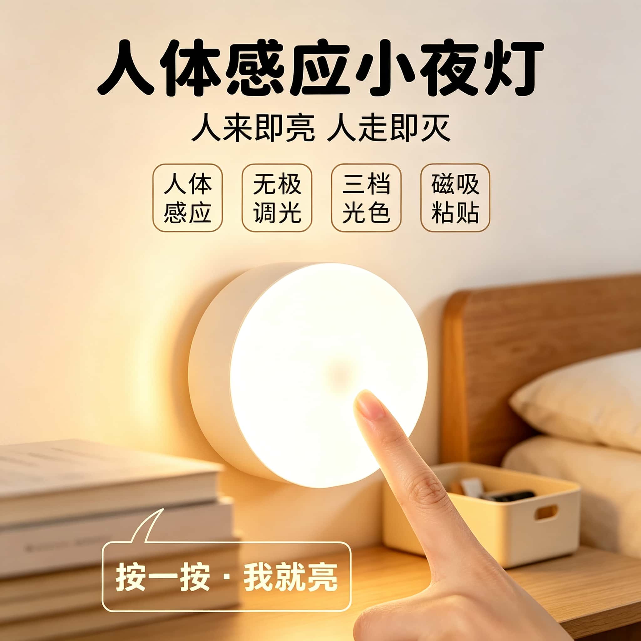 智能人体感应灯圆形小夜灯磁吸床头灯厕所楼梯护眼可调亮度节能灯
