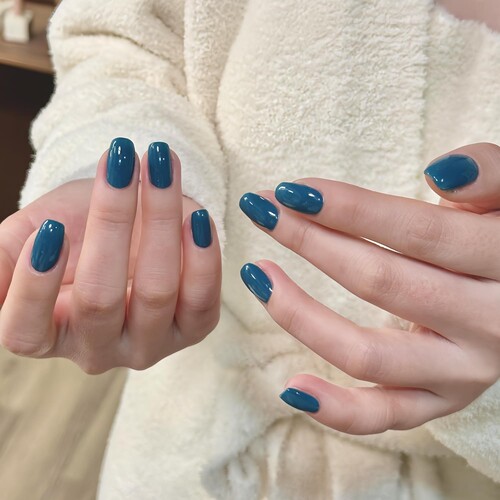 松石绿纯色手工穿戴美甲