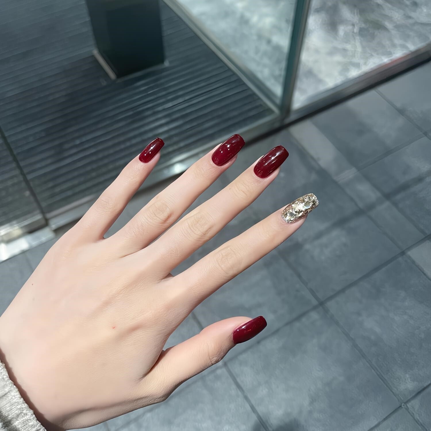 酒红镶钻穿戴甲美甲指甲贴片秋冬中长款高级感显白爆闪轻奢美甲女彩妆/香水/美妆工具穿戴甲/甲片原图主图