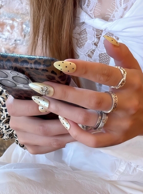 海莉同款ins风夏日显白小清新显白高级黄色波点柠檬黄手工穿戴甲