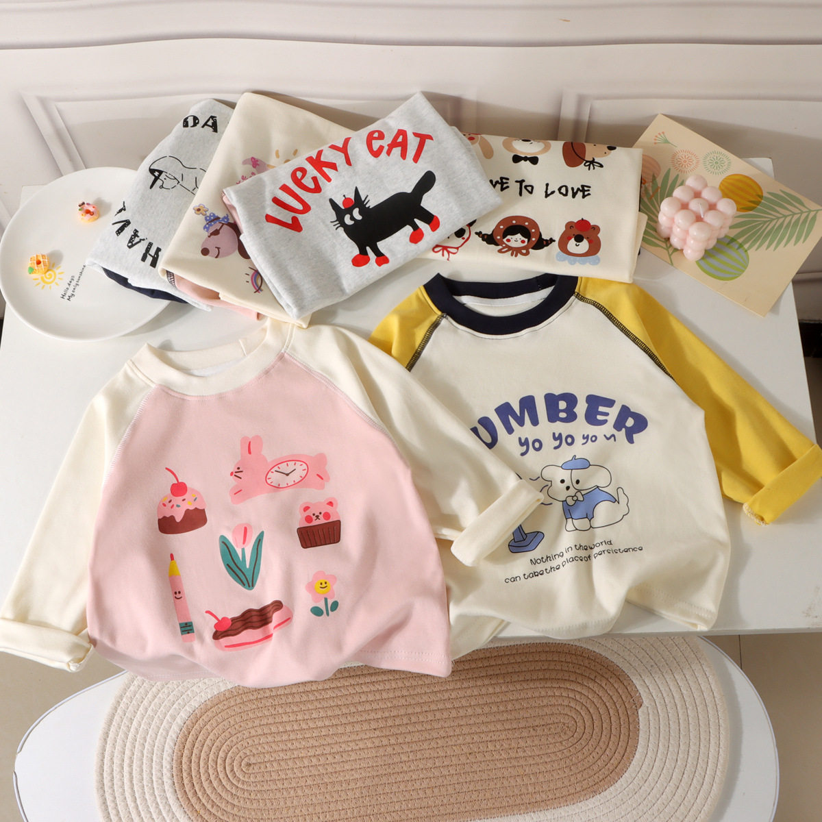 儿童纯棉长袖T恤宝宝圆领拼色上衣薄款男童女童春秋款插肩打底衫