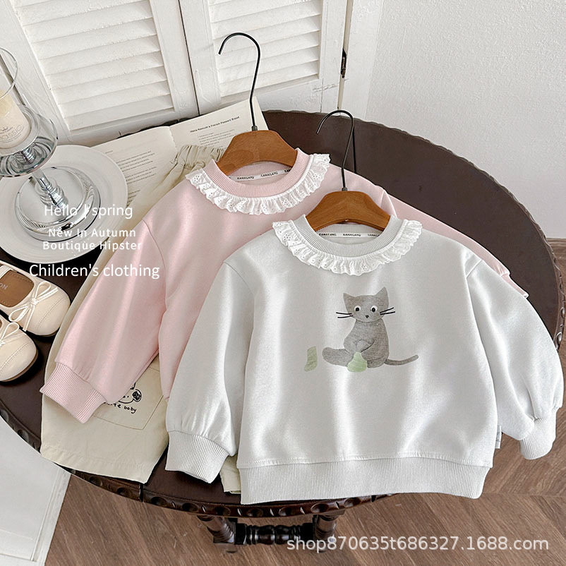 女童2026春秋新款甜美时尚圆领女宝宝可爱卡通小猫咪刺绣蕾丝卫衣