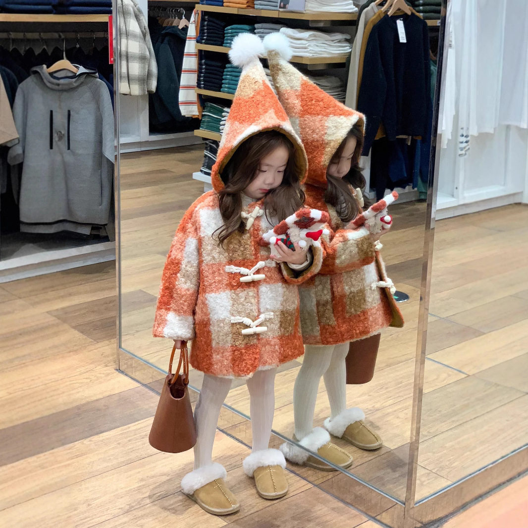 女童冬款圣诞新年装精灵帽夹棉加厚羊毛圈大衣格子牛角扣长款
