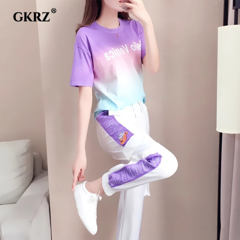 休闲运动套装女夏季新款时尚渐变色短袖上衣高腰显瘦阔腿裤两件套