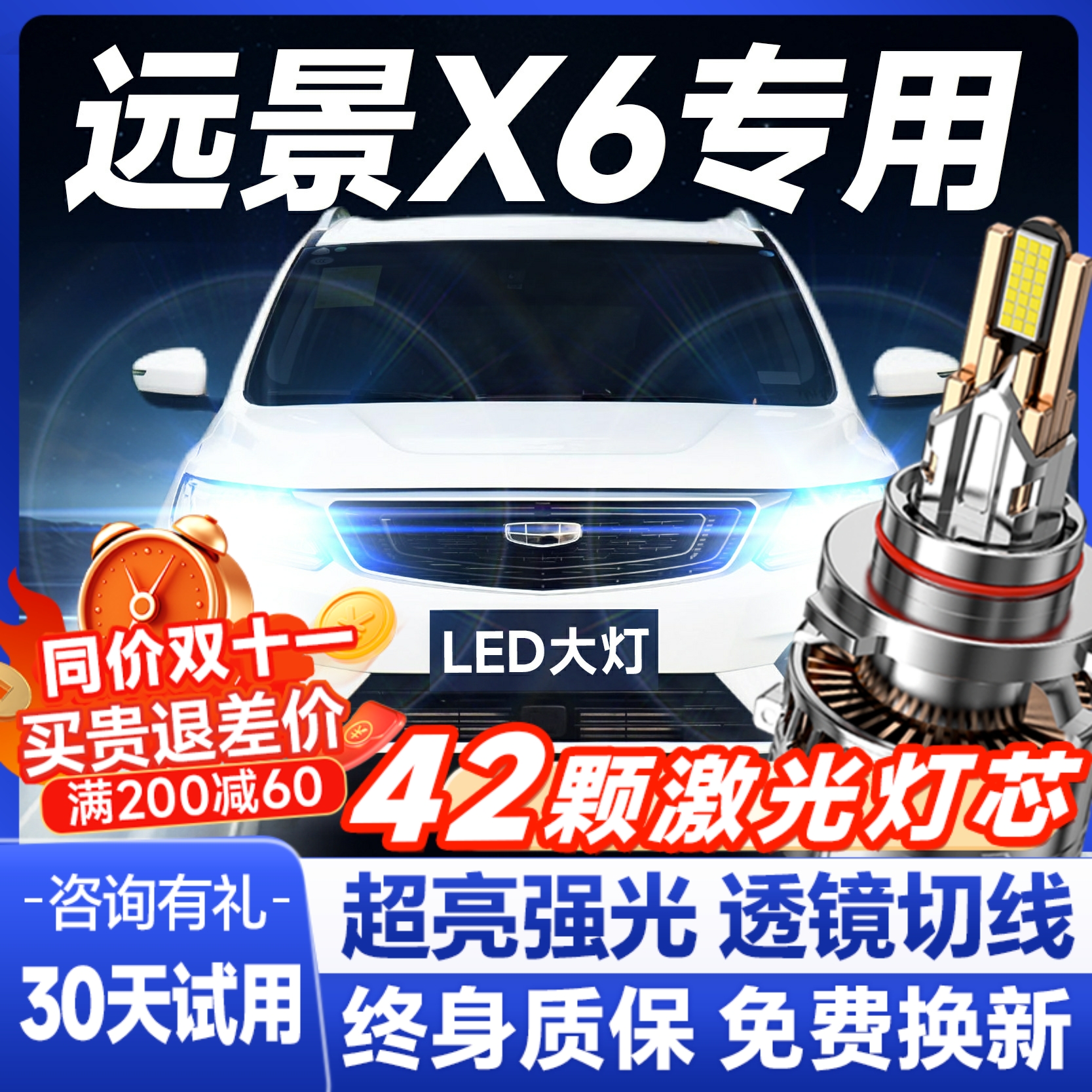 适用13-21款吉利远景X6LED大灯近光远光雾灯改装激光pro汽车灯泡