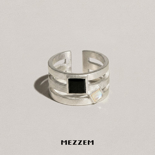 MEZZEM方切贝母黑玛瑙宽戒指银开口复古个性小众中性潮流高级感