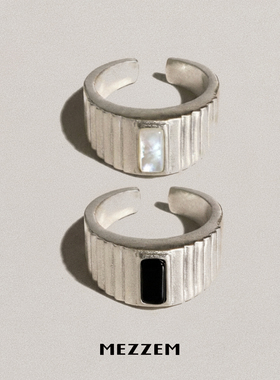 MEZZEM 方形贝母黑玛瑙戒指银 时尚中古开口小众设计高级感食指戒