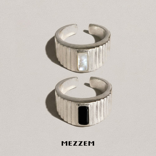 MEZZEM方形贝母黑玛瑙戒指时尚中古开口小众中性潮流高级感食指戒