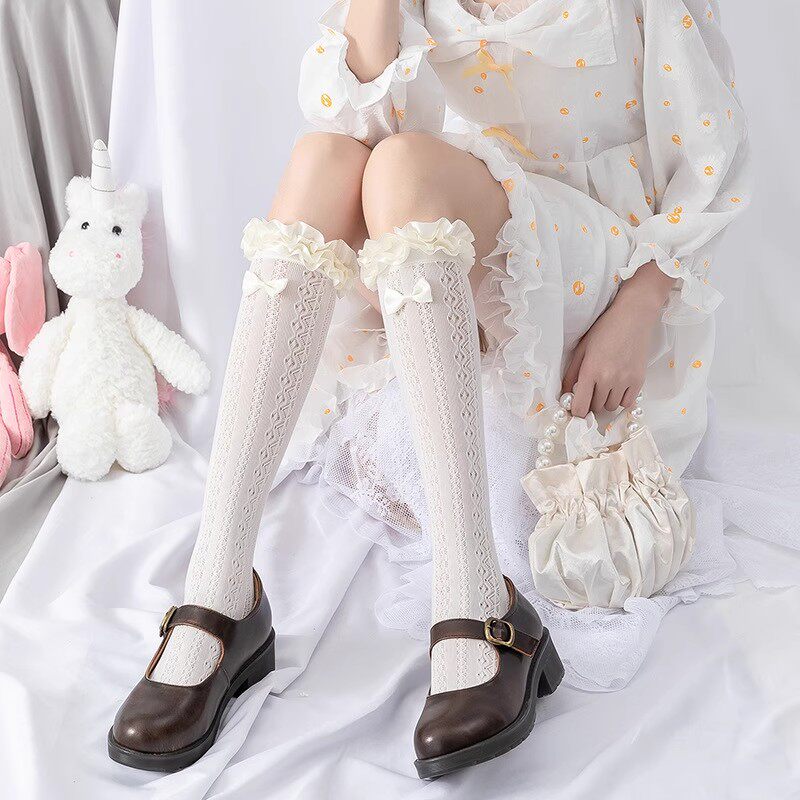 lolita丝袜女薄款蕾丝蝴蝶结白丝小腿袜洛丽塔可爱少女中筒袜子黑