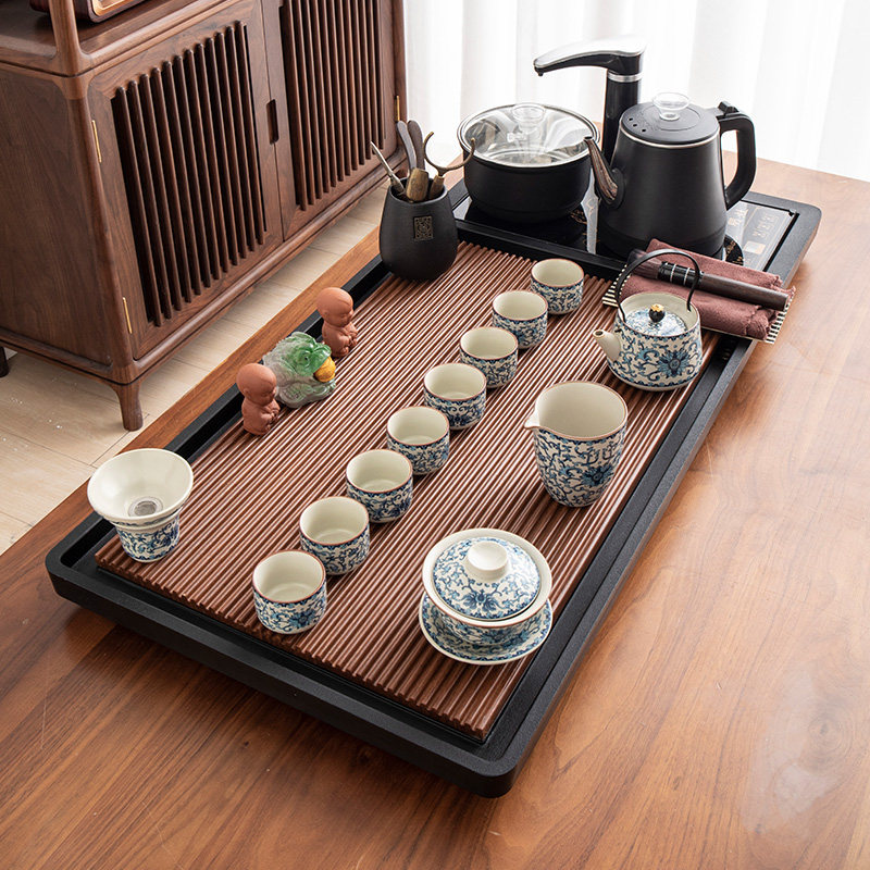 功夫茶具家用大型全自动茶桌电茶炉水壶竹面石底全套茶盘
