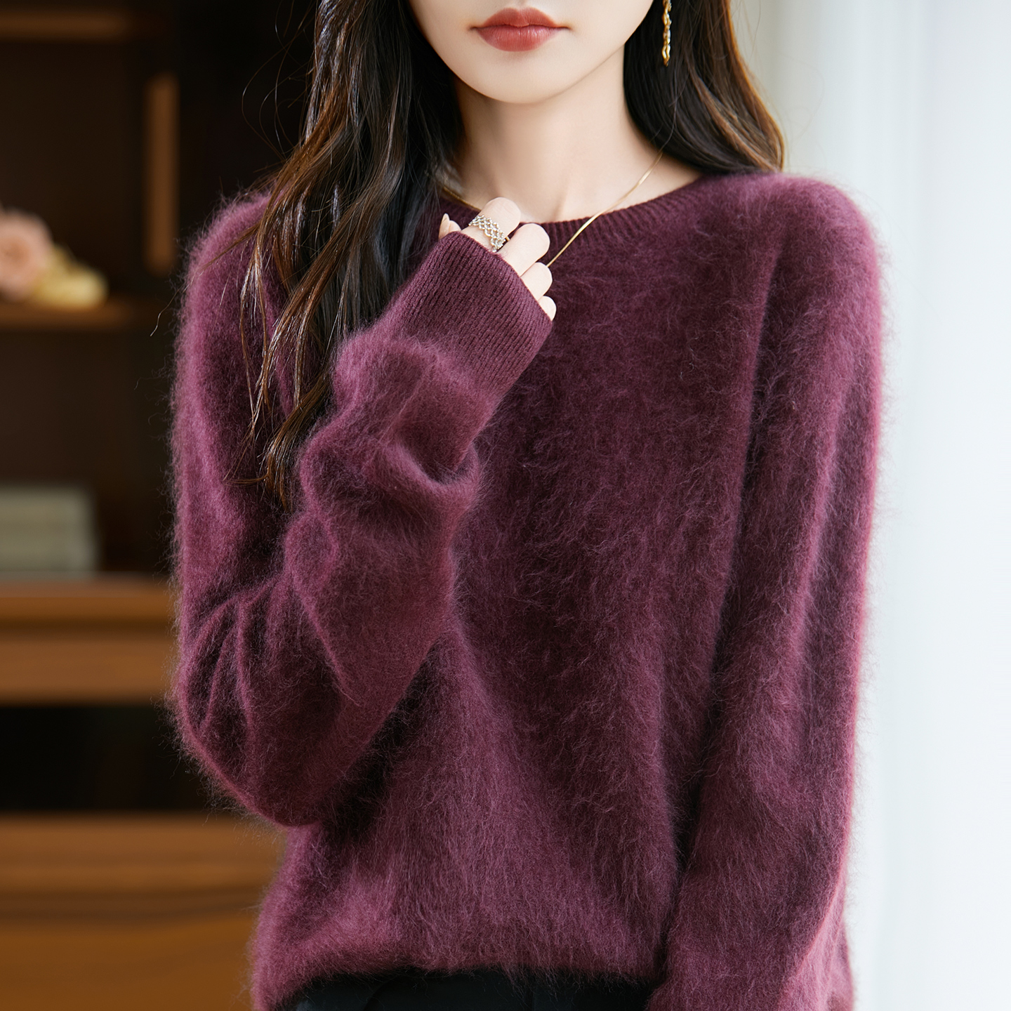 秋冬新款羊绒拉绒一线成衣经典圆领纯色百搭打底套头针织上衣女