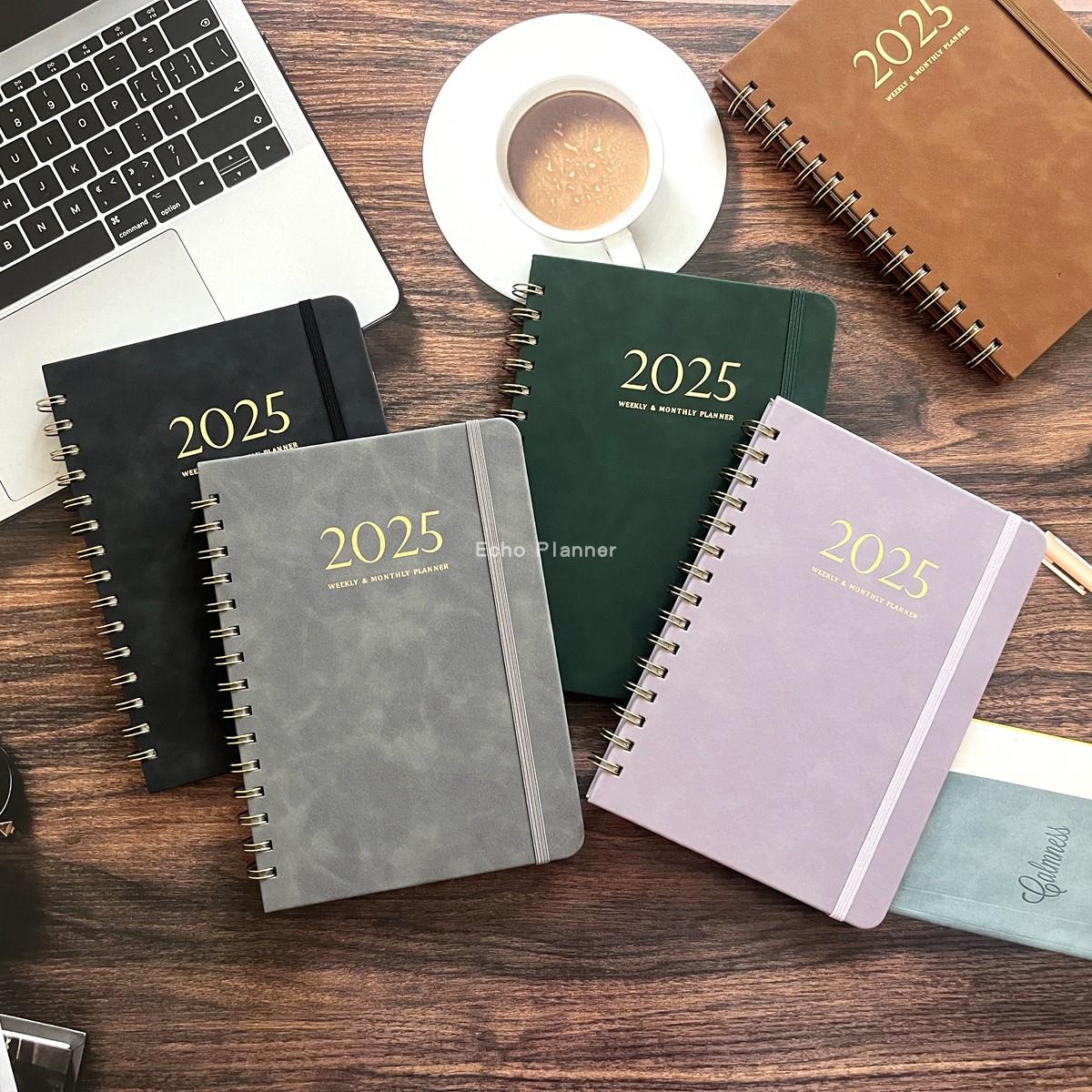 2025planner 日程本英文月计划周计划PU皮面笔记本绑带记事本简约
