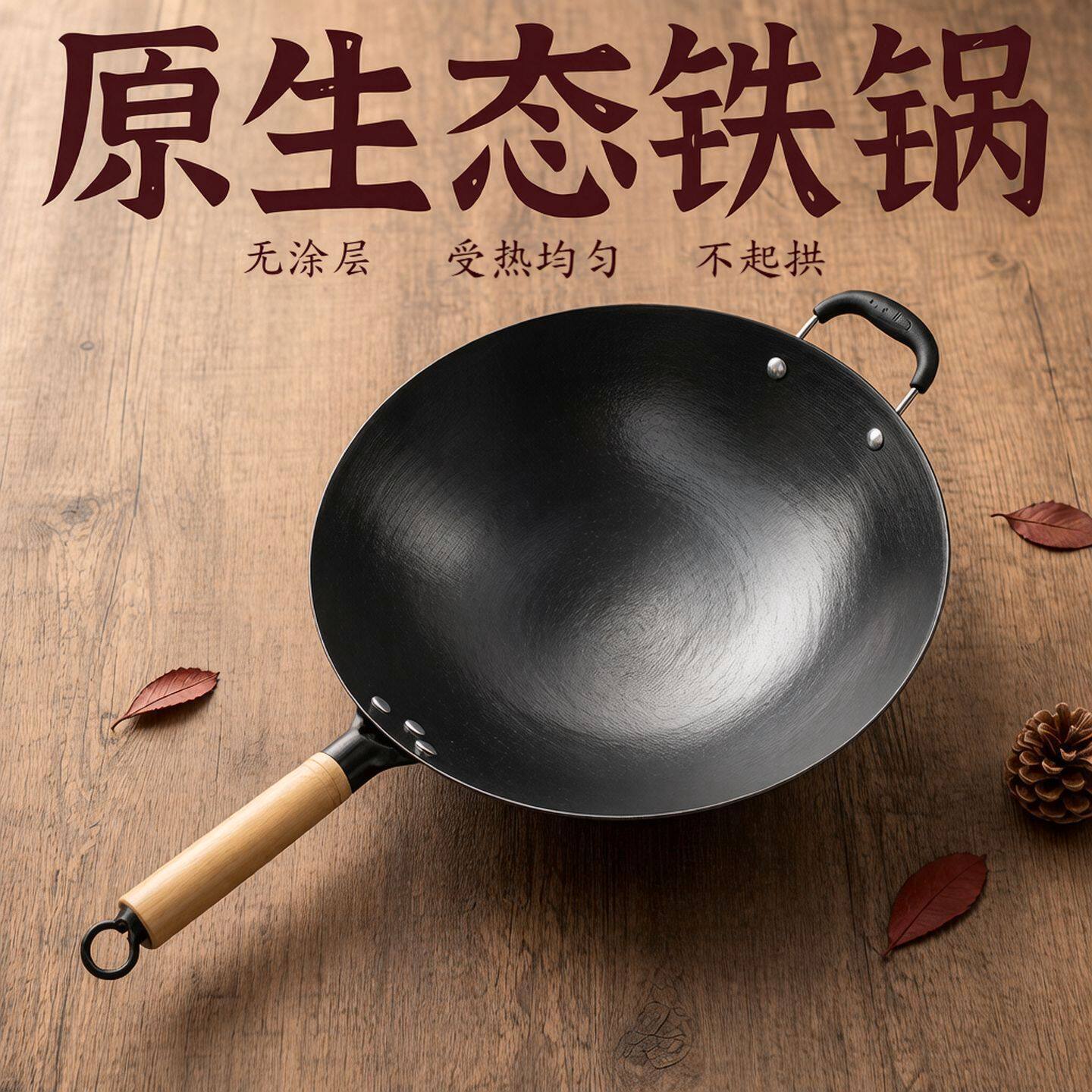 老式生铁锅炒锅无涂层平底锅不粘锅农村家用电磁炉煤气灶炒菜锅具