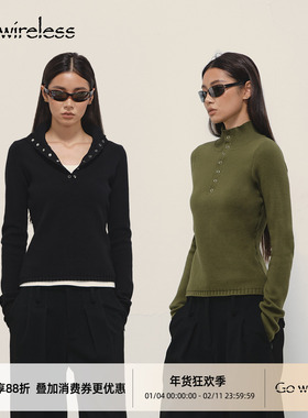Gowireless 颈线 立领半开包芯纱双色五爪金属摁扣内搭套头毛衣女