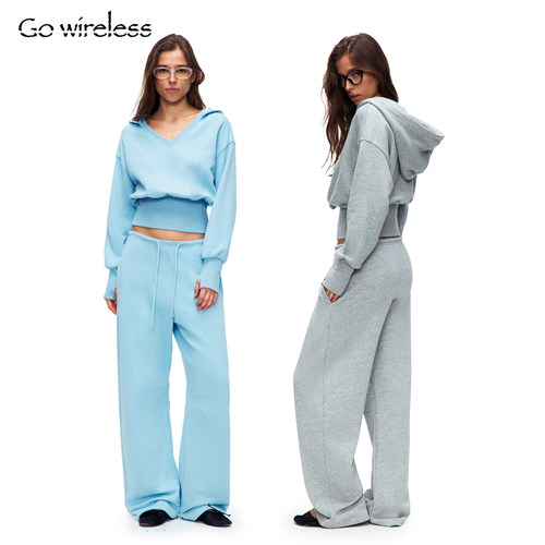 Gowireless 100%棉 双色V领连帽收腰套头卫衣宽松松紧腰卫裤套装