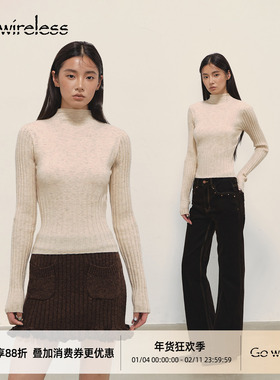 Gowireless 50支 羊毛桑蚕丝混纺 坑条一片式半高领打底毛衣女
