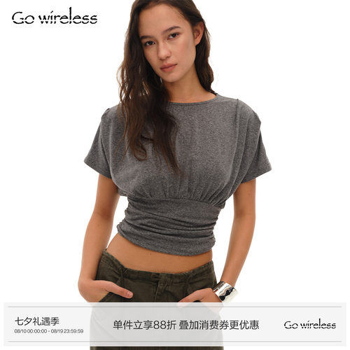 Gowireless 层次堆叠 天丝亚麻混纺 收腰圆领短袖T恤微宽松上衣