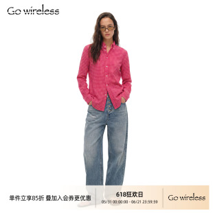 Gowireless “格格不入”棉感粉色格纹微收腰修身显瘦衬衫上衣