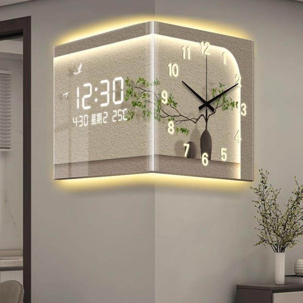 绿植转角时钟挂画画免打孔装饰画画挂钟客厅创意高级感壁灯电子钟