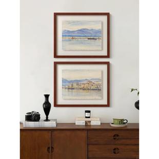 静海》蓝色水彩风景画南法风覆古艺术客厅装饰画法式餐厅玄关挂画