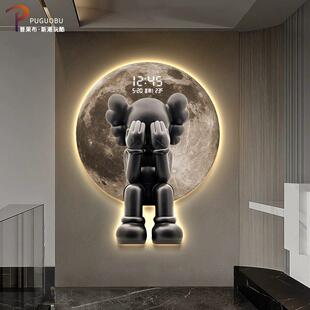 潮牌kaws暴力熊玄关装饰画电子屏时钟月球挂钟led灯发光餐厅挂画