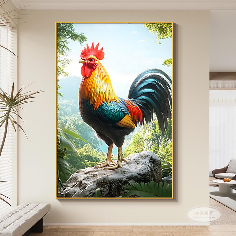 金鸡报晓玄关装饰画新中式进门正对墙挂画客厅走廊过道大公鸡壁画