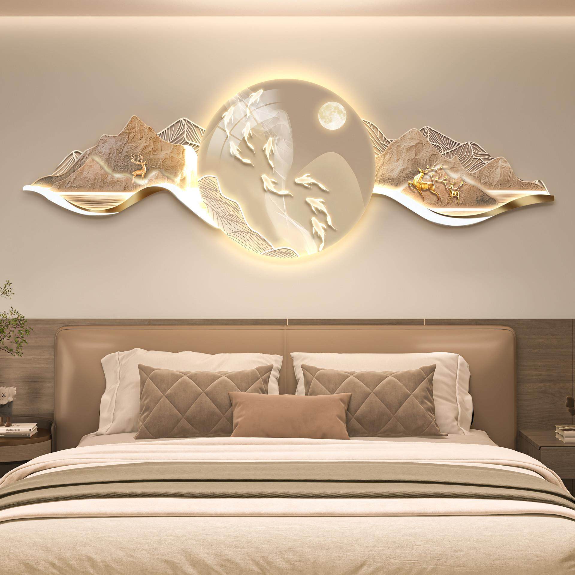 轻奢卧室床头装饰画客厅沙发背景墙挂画主卧房间壁画带灯光高级感