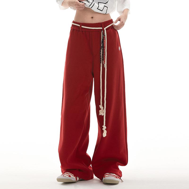 RESUMM美式腰绳卫裤女宽松阔腿潮牌运动裤嘻哈街舞红色休闲直筒裤