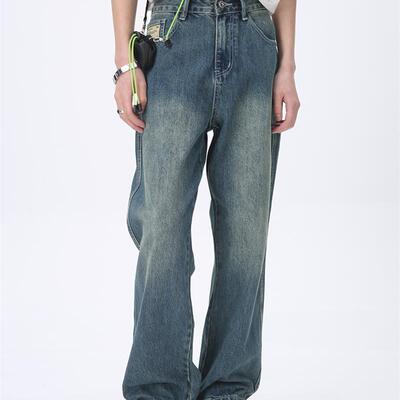 Voguo Relay 复古水洗做旧蓝色牛仔裤潮牌韩版宽松阔腿直筒裤男女