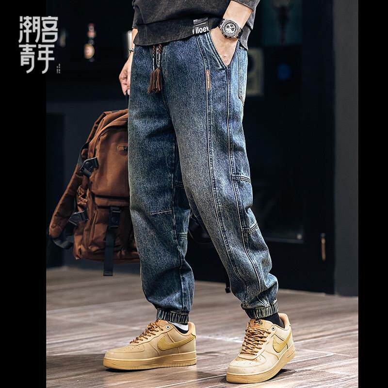 秋冬加绒加厚美式牛仔裤男士工装长裤宽松大码哈伦裤秋季潮牌裤子