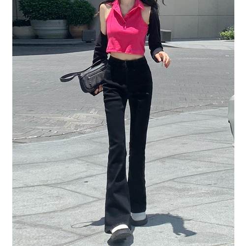 MNVZ黑色牛仔裤女加绒新款辣妹穿搭喇叭裤高腰显瘦拖地裤子阔腿潮