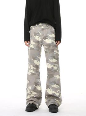 Voguo Relay 韩版设计感迷彩微喇叭宽松直筒牛仔裤 男女情侣款