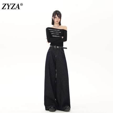 ZYZA美式辣妹高腰阔腿裤女2025新款春季宽松显瘦垂感拖地牛仔裤子