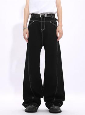 Voguo Relay 设计感辑明线轮廓设计黑色牛仔裤男女同款阔腿直筒裤