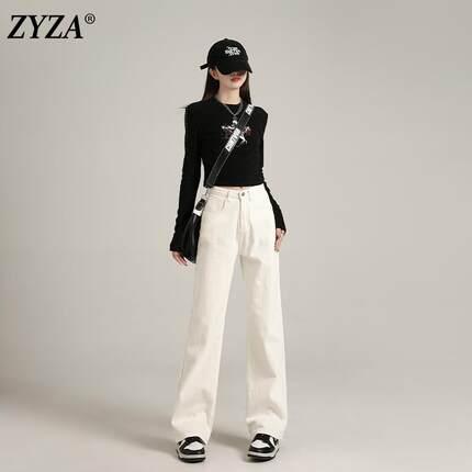 ZYZA旗舰店白色窄版牛仔裤女窄版秋冬新款高腰直筒小个子加绒裤子