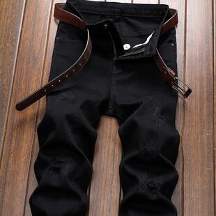 2025新款春秋男士牛仔裤男黑色破洞直筒修身小脚冬季加绒裤子男款