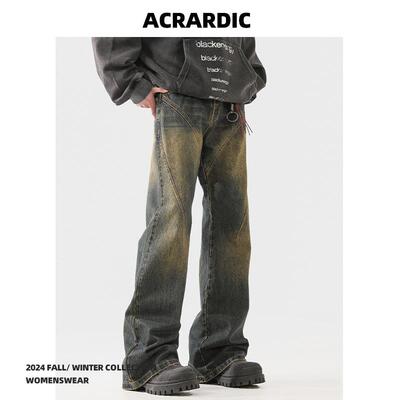 ACRARDIC解构车线设计感做旧牛仔裤男女vibe个性街头微喇直筒裤子